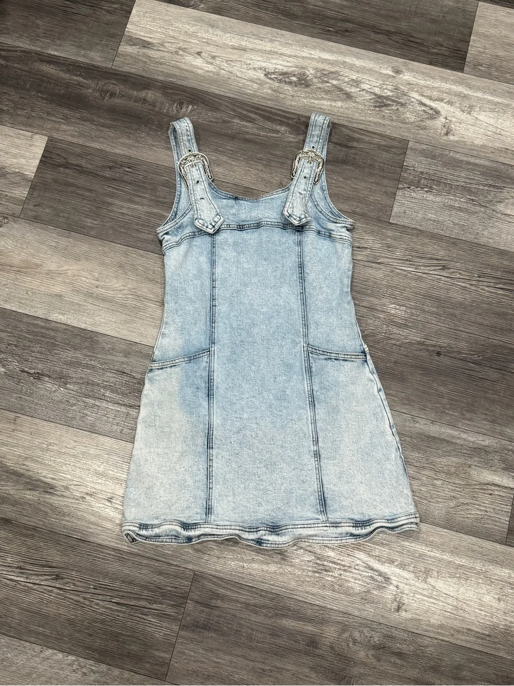 Blue B Light Wash Denim Overall Dress with Adjustable Buckle Straps